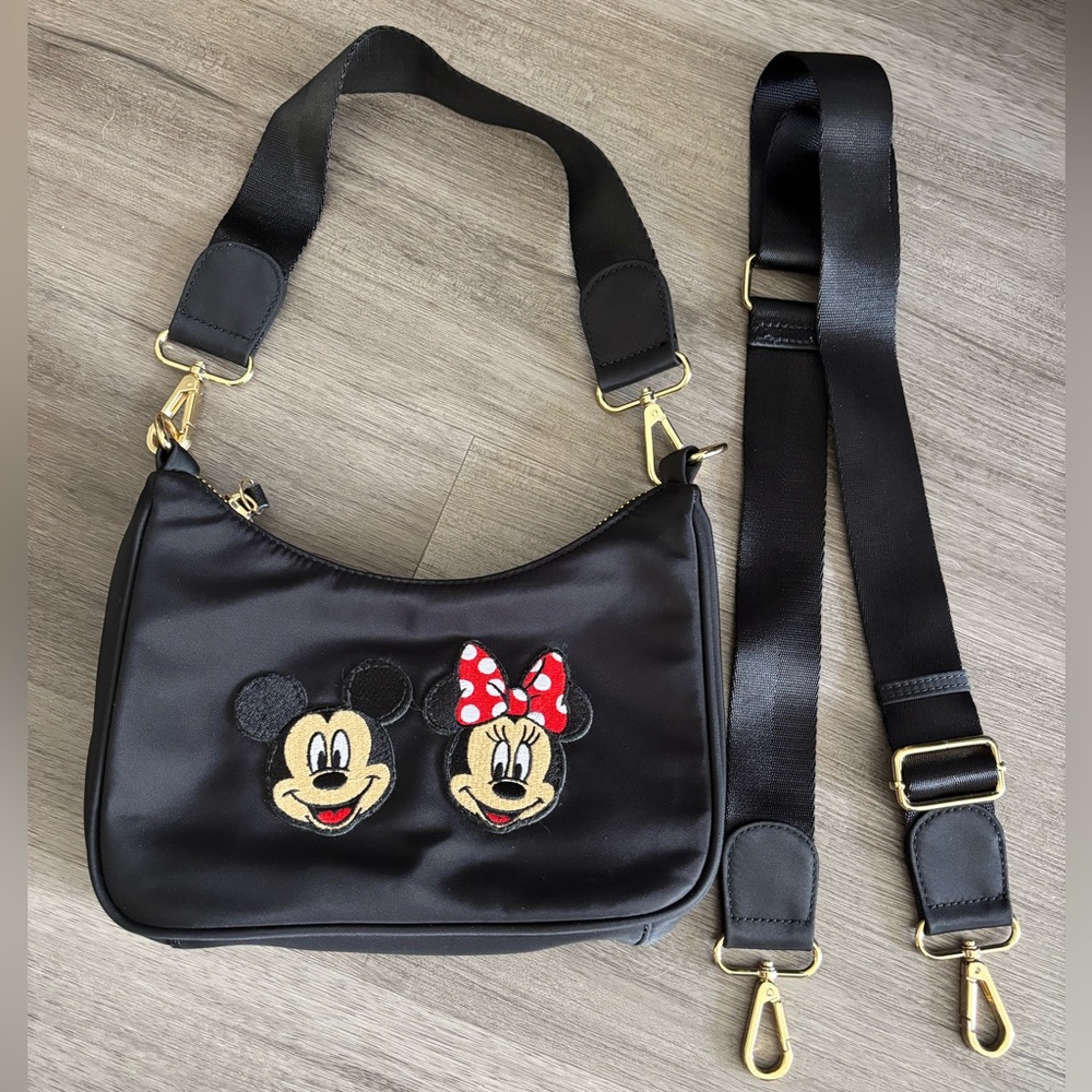 Stoney Clover Lane Curved Crossbody Bag Noir with Mickey and Minnie Patches